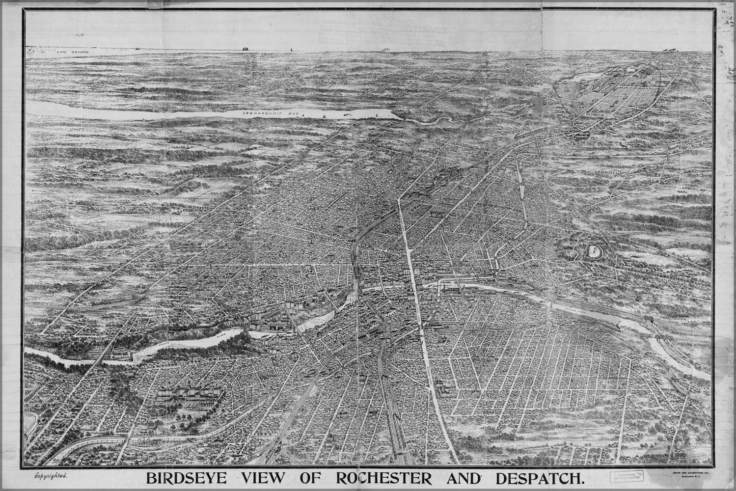 24"x36" Gallery Poster, birdseye map Rochester & Despatch new york 1910