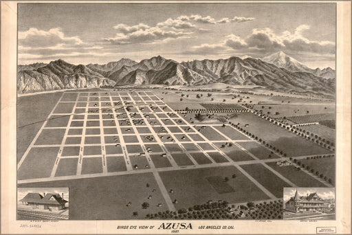 24"x36" Gallery Poster, birdseye map of Azusa Los Angeles California 1887