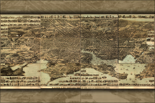 24"x36" Gallery Poster, birdseye map of Baltimore maryland 1869