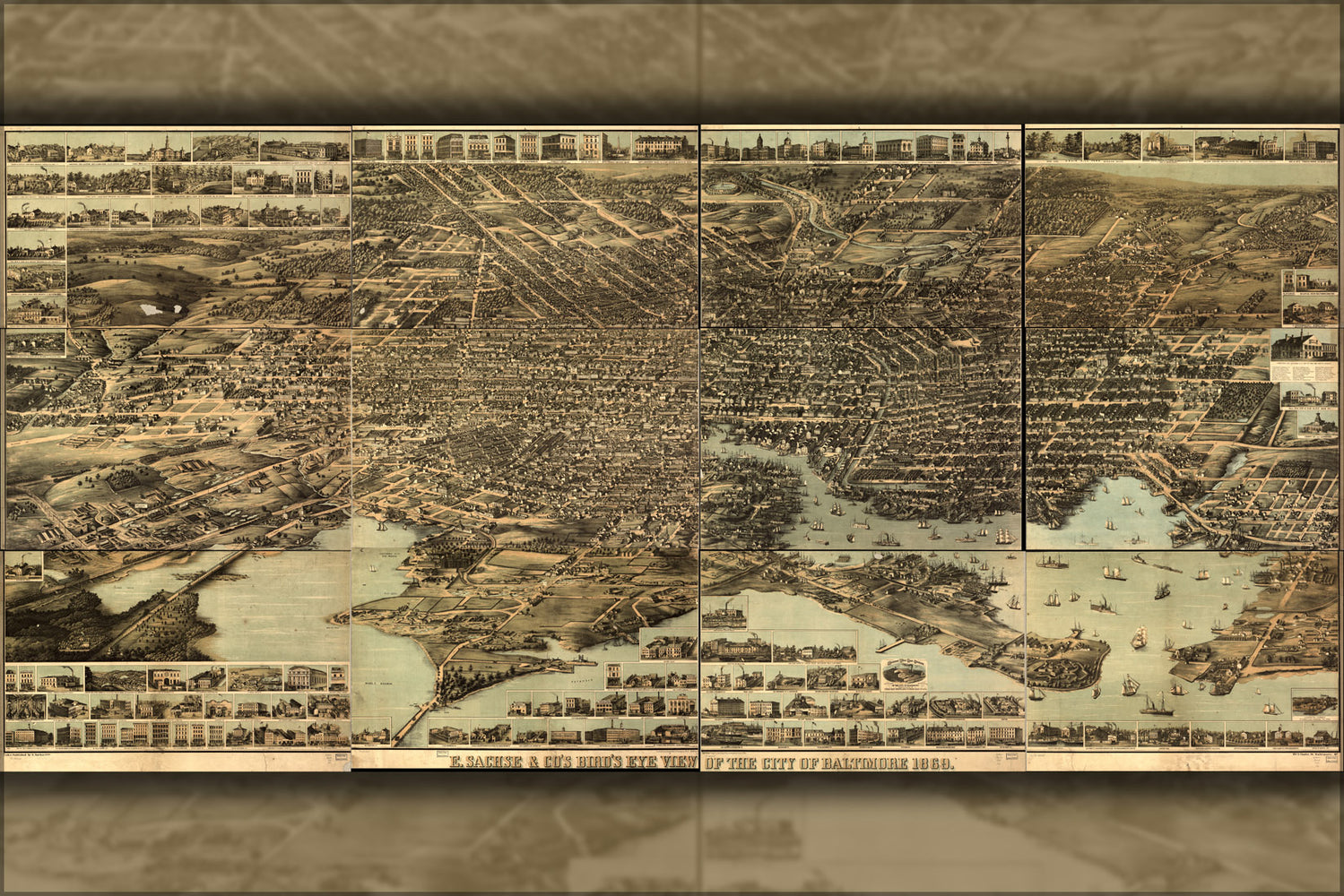 24"x36" Gallery Poster, birdseye map of Baltimore maryland 1869
