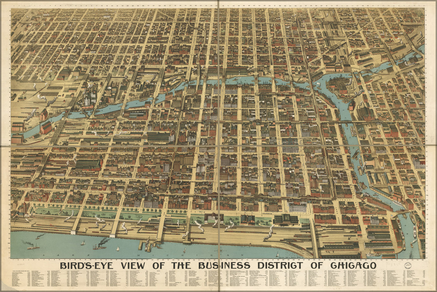 24"x36" Gallery Poster, birdseye map of Chicago business district 1898