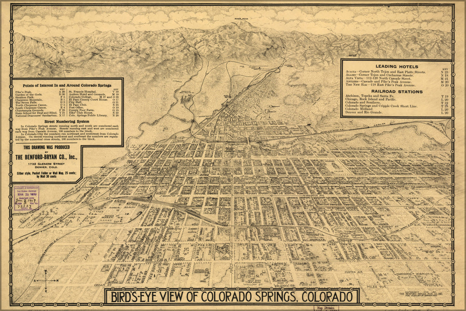 24"x36" Gallery Poster, birdseye map of Colorado Springs, Colorado 1909