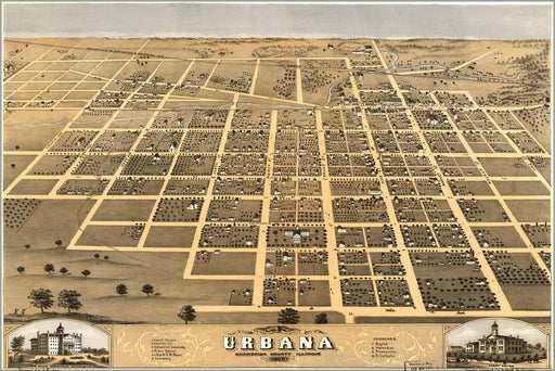 24"x36" Gallery Poster, birdseye map of Urbana Champaign Co Illinois 1869