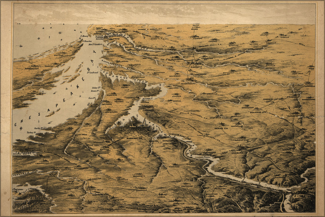 24"x36" Gallery Poster, birdseye map of Washington d.c. Baltimore 1861