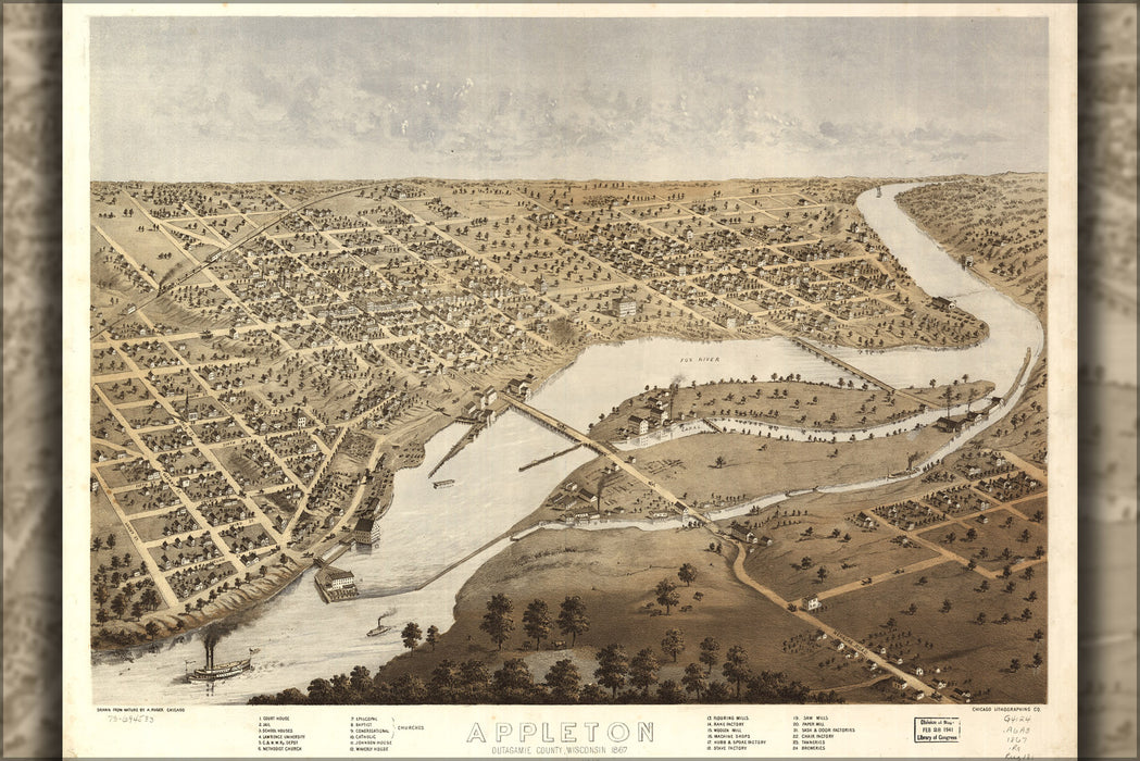 24"x36" Gallery Poster, birdseye view map Appleton, Outagamie County, Wisconsin 1867