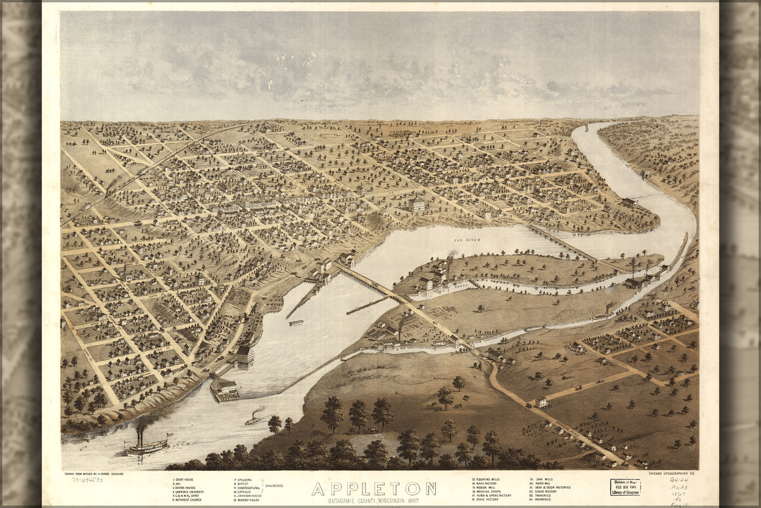 24"x36" Gallery Poster, birdseye view map Appleton, Outagamie County, Wisconsin 1867