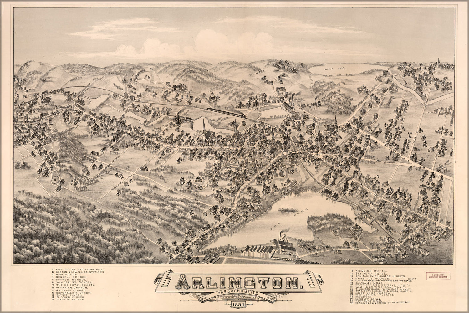 24"x36" Gallery Poster, birdseye view map Arlington, Massachusetts, 1884