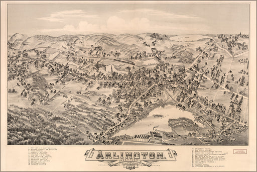 24"x36" Gallery Poster, birdseye view map Arlington, Massachusetts, 1884