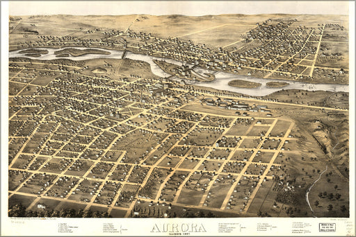 24"x36" Gallery Poster, birdseye view map Aurora, Illinois 1867