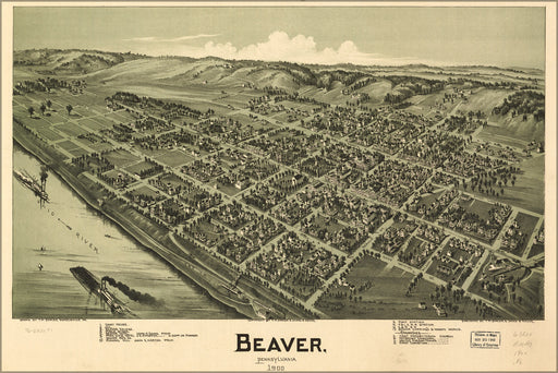 24"x36" Gallery Poster, birdseye view map Beaver, Pennsylvania 1900