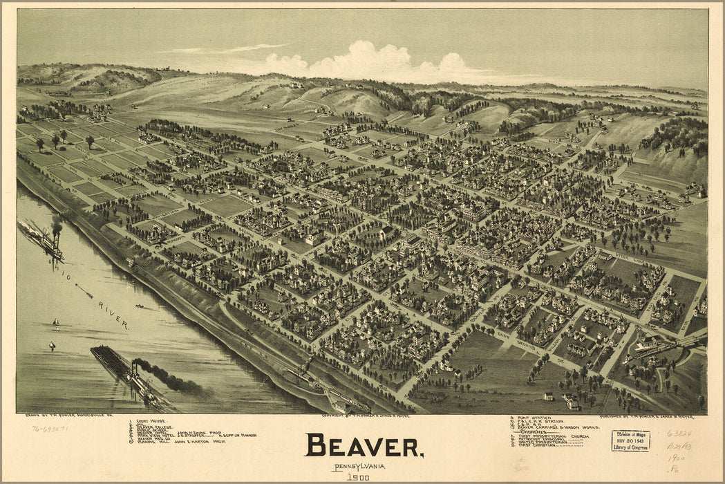 24"x36" Gallery Poster, birdseye view map Beaver, Pennsylvania 1900