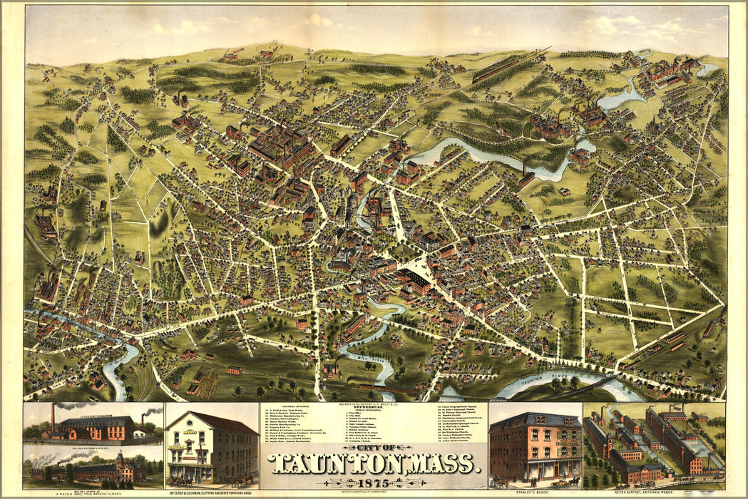 24"x36" Gallery Poster, birdseye view map City of Taunton, Massachusetts 1875