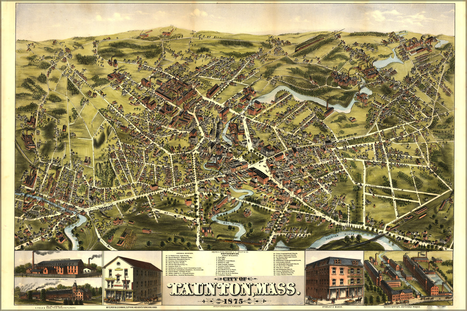 24"x36" Gallery Poster, birdseye view map City of Taunton, Massachusetts 1875