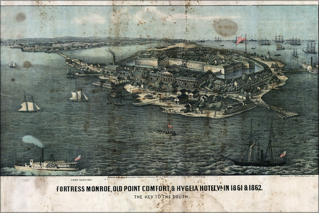 24"x36" Gallery Poster, birdseye view map Fort Monroe, Old Point Comfort, & Hygeia Hotel, Virginia in 1861 & 1862
