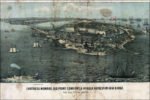 24"x36" Gallery Poster, birdseye view map Fort Monroe, Old Point Comfort, & Hygeia Hotel, Virginia in 1861 & 1862