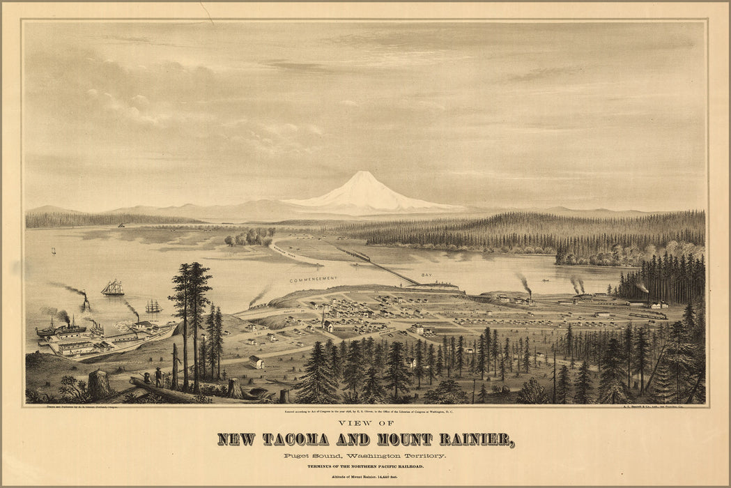 24"x36" Gallery Poster, birdseye view map Tacoma and Mount Rainier, Puget Sound, Washington Territory 1878