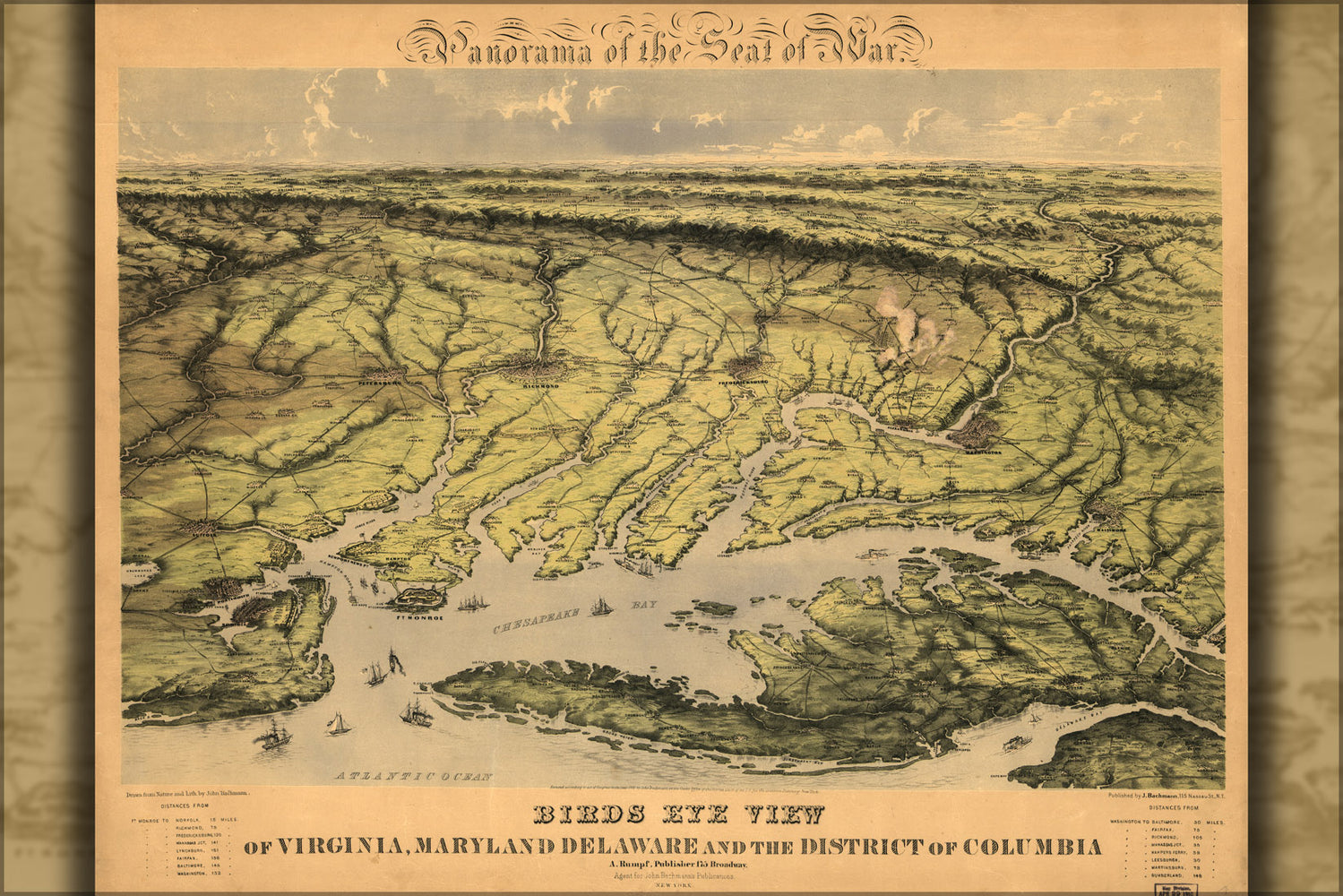 24"x36" Gallery Poster, birdseye view map Virginia Maryland Delaware 1861