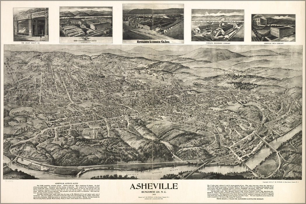 24"x36" Gallery Poster, birdseye view map asheville north carolina 1912