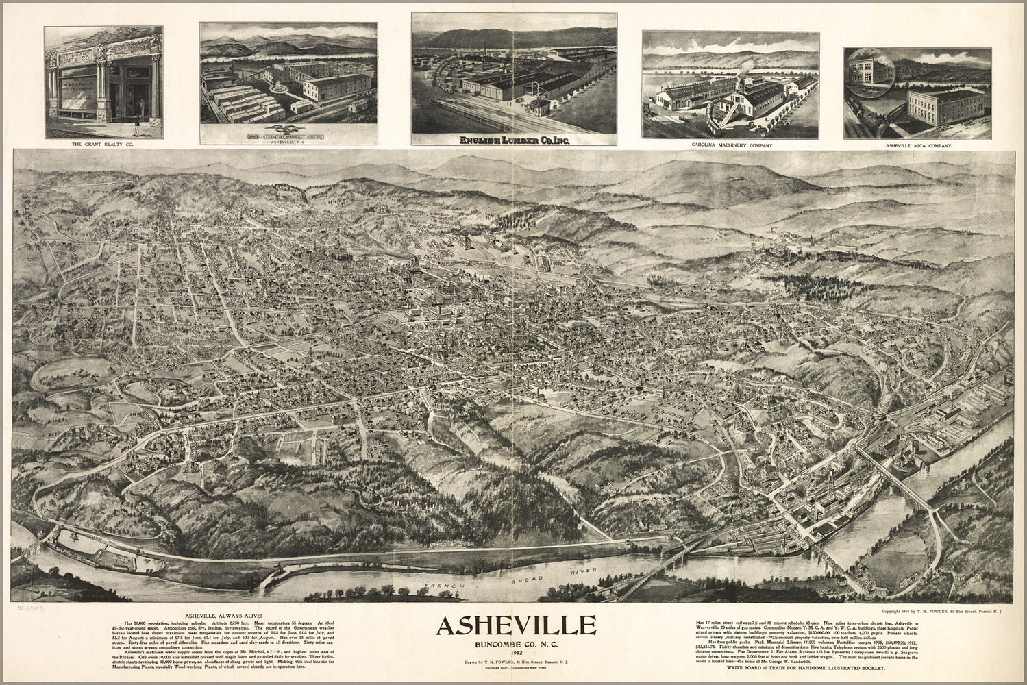 24"x36" Gallery Poster, birdseye view map asheville north carolina 1912