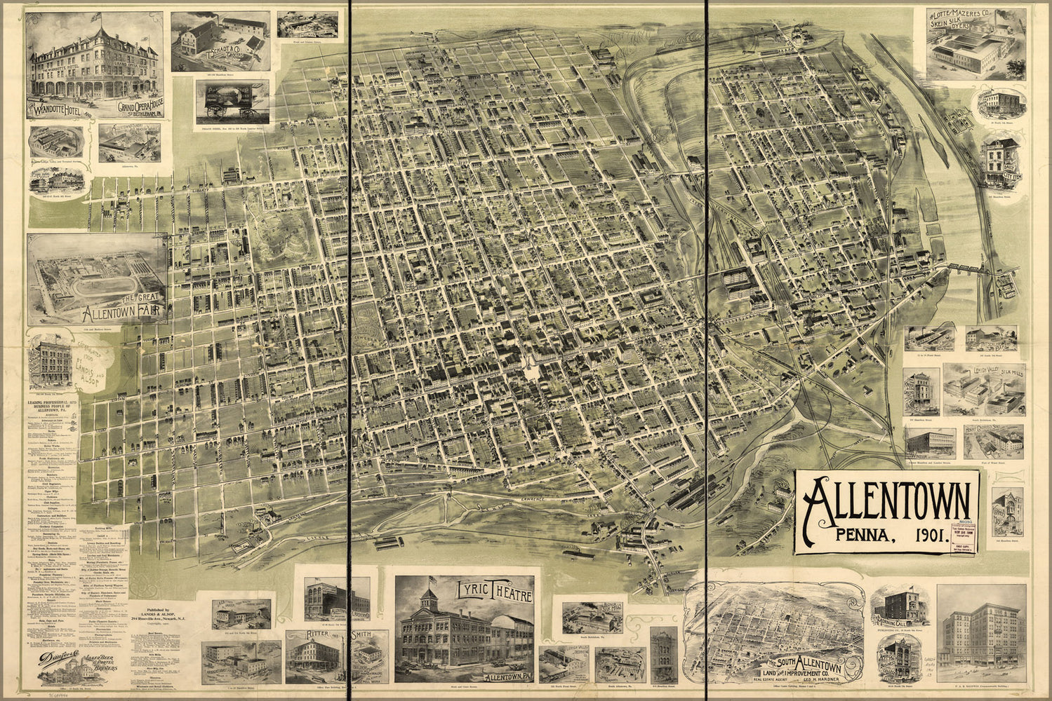 24"x36" Gallery Poster, birdseye view map of Allentown, Pennsylvania 1901