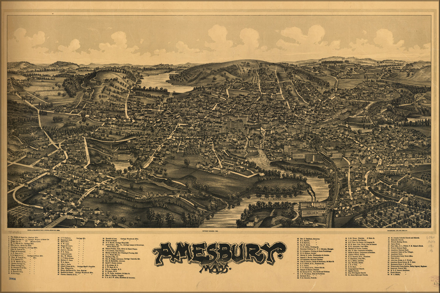 24"x36" Gallery Poster, birdseye view map of Amesbury, Massachusetts 1892