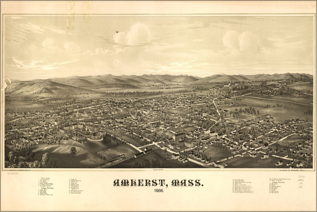 24"x36" Gallery Poster, birdseye view map of Amherst, Massachusetts 1886