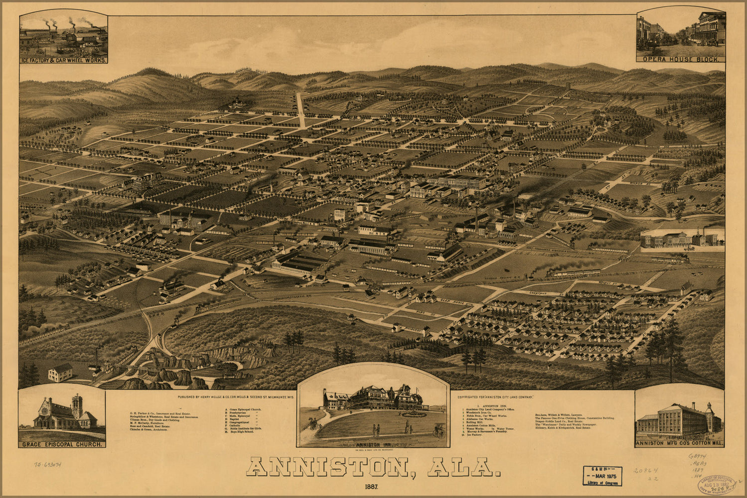 24"x36" Gallery Poster, birdseye view map of Anniston, Alabama 1887