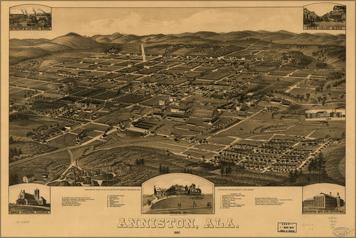 24"x36" Gallery Poster, birdseye view map of Anniston, Alabama 1887