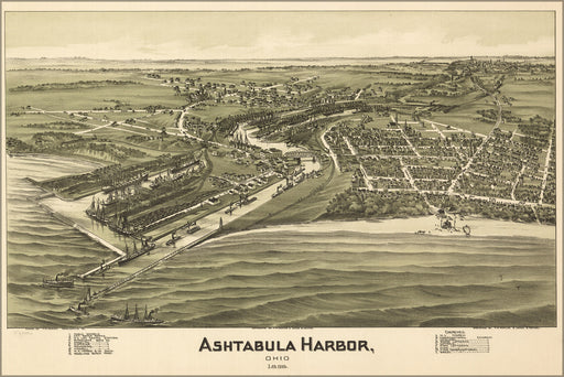 24"x36" Gallery Poster, birdseye view map of Ashtabula Harbor, Ohio 1896