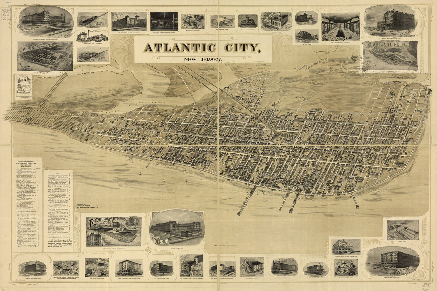 24"x36" Gallery Poster, birdseye view map of Atlantic City, New Jersey 1900
