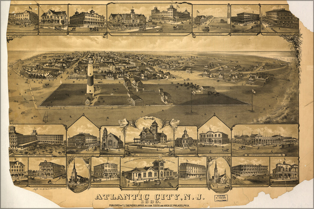 24"x36" Gallery Poster, birdseye view map of Atlantic City, New jersey 1880