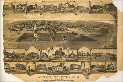 24"x36" Gallery Poster, birdseye view map of Atlantic City, New jersey 1880