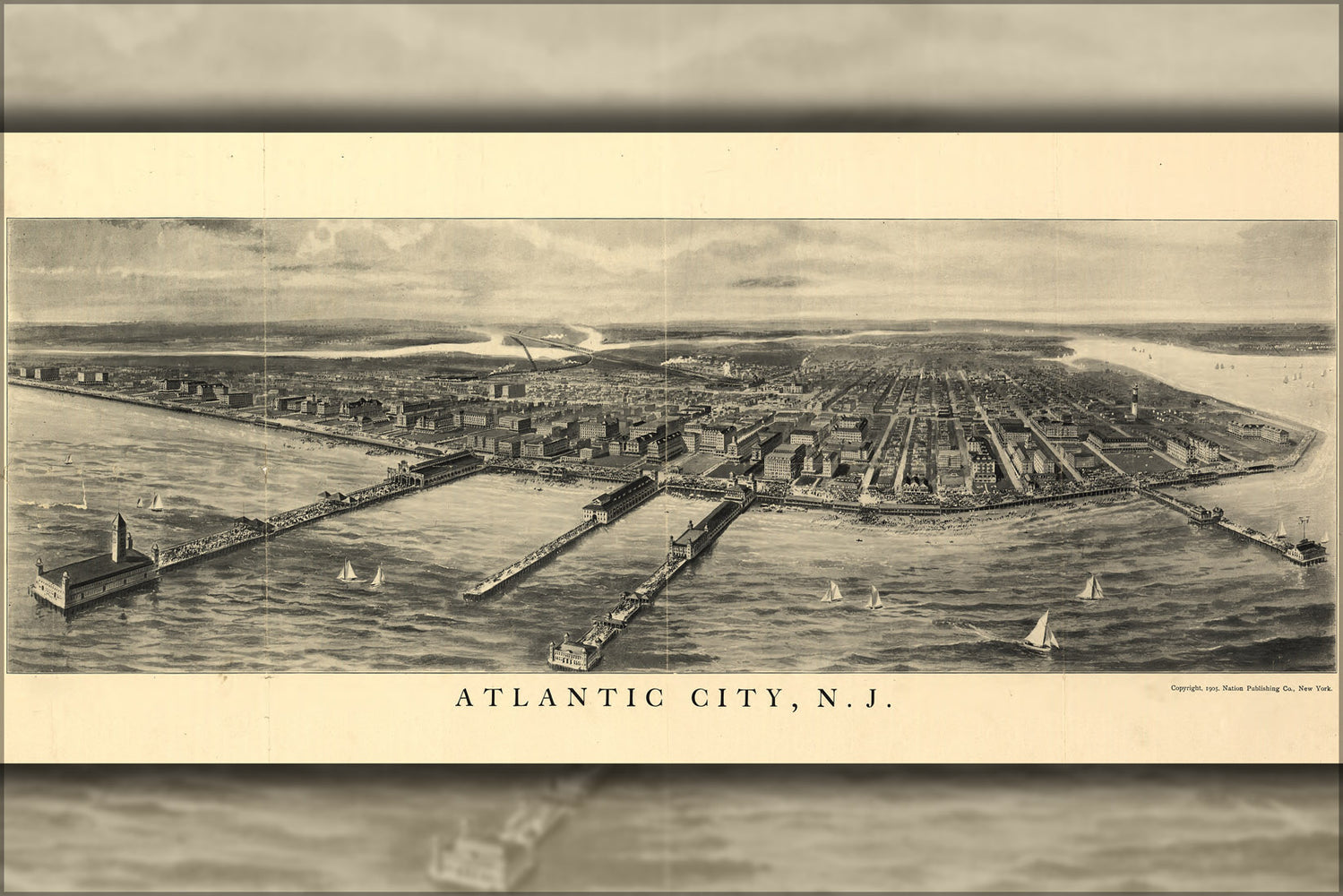 24"x36" Gallery Poster, birdseye view map of Atlantic City, New jersey 1905
