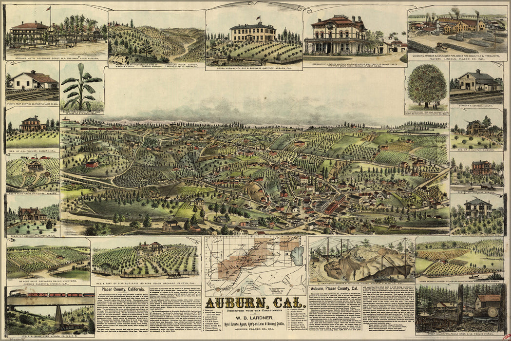 24"x36" Gallery Poster, birdseye view map of Auburn, California 1887