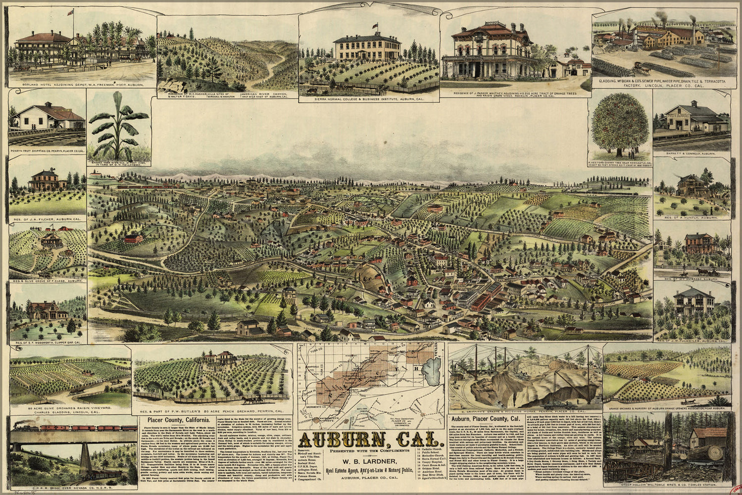 24"x36" Gallery Poster, birdseye view map of Auburn, California 1887