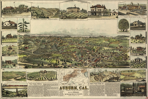 24"x36" Gallery Poster, birdseye view map of Auburn, California 1887