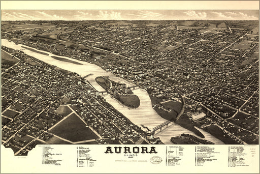 24"x36" Gallery Poster, birdseye view map of Aurora, Illinois 1882