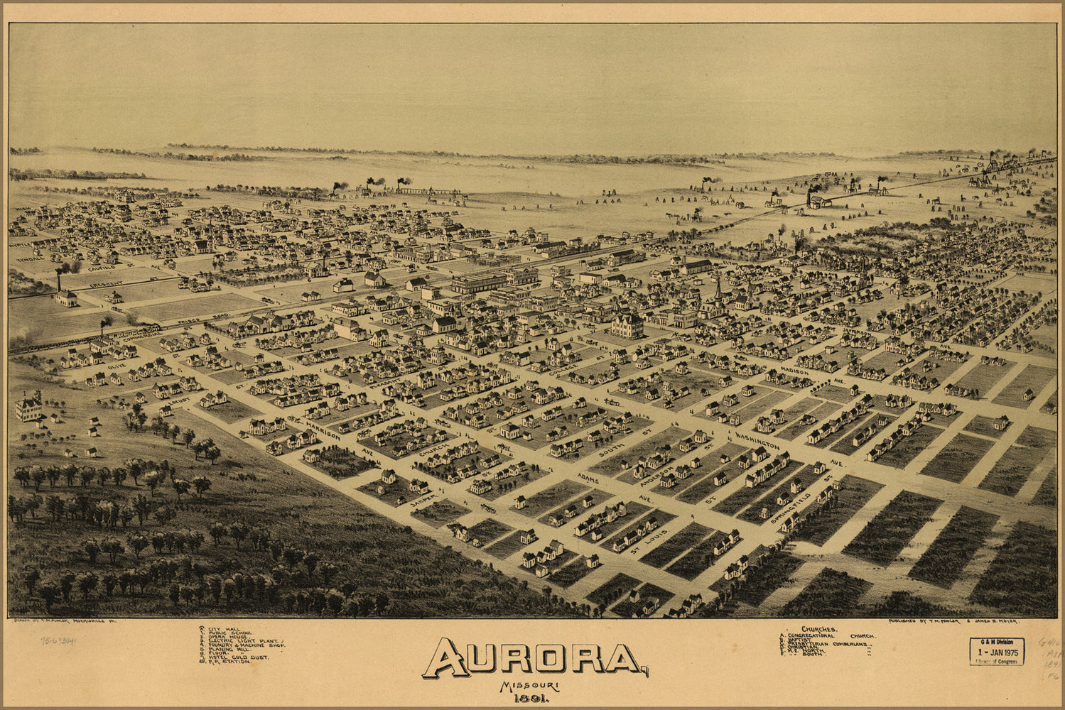 24"x36" Gallery Poster, birdseye view map of Aurora, Missouri 1891