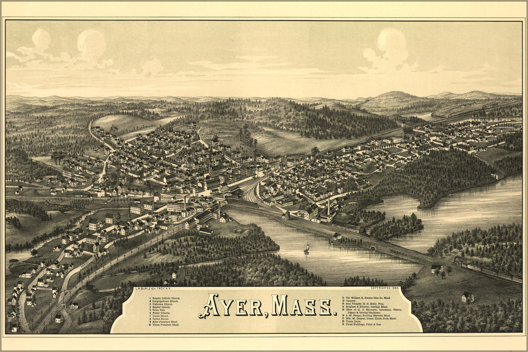 24"x36" Gallery Poster, birdseye view map of Ayer, Mass 1886