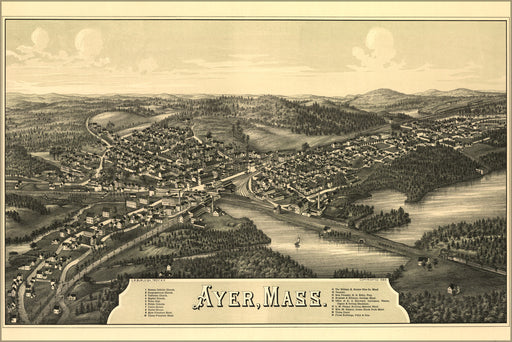 24"x36" Gallery Poster, birdseye view map of Ayer, Mass 1886