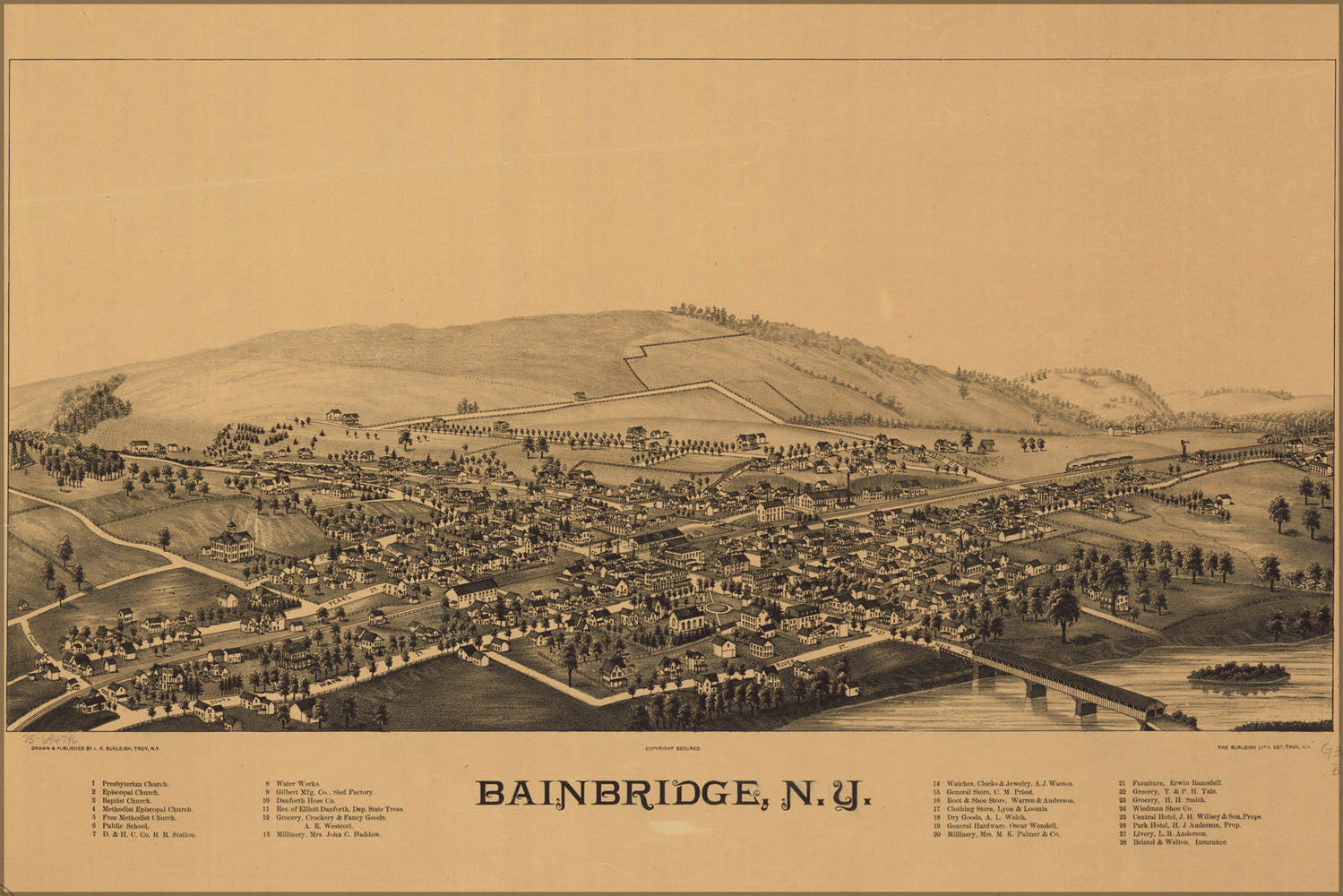 24"x36" Gallery Poster, birdseye view map of Bainbridge, N.Y.  1889