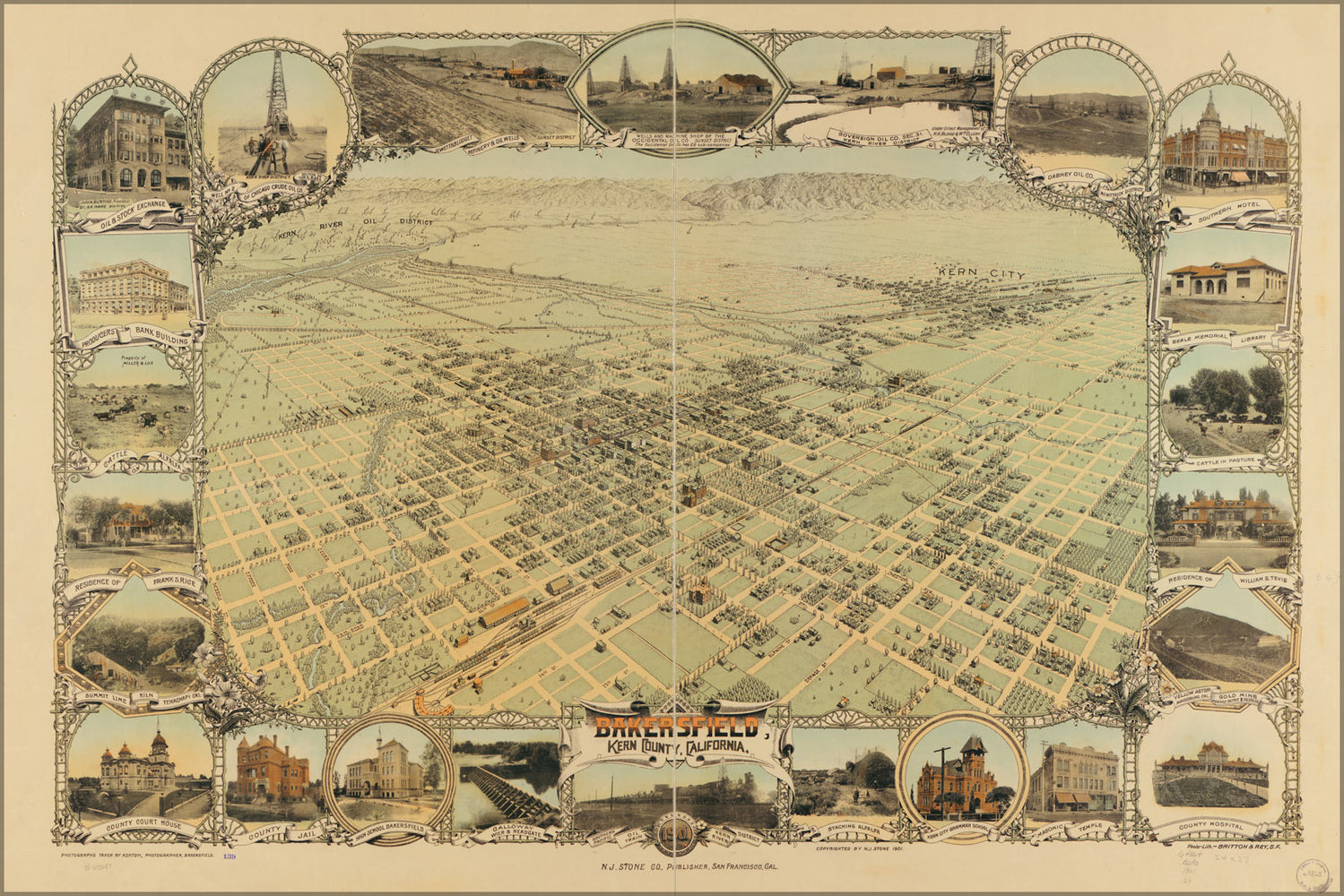 24"x36" Gallery Poster, birdseye view map of Bakersfield, Kern County, California, 1901
