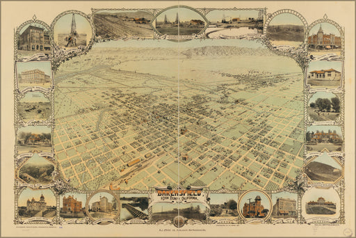 24"x36" Gallery Poster, birdseye view map of Bakersfield, Kern County, California, 1901