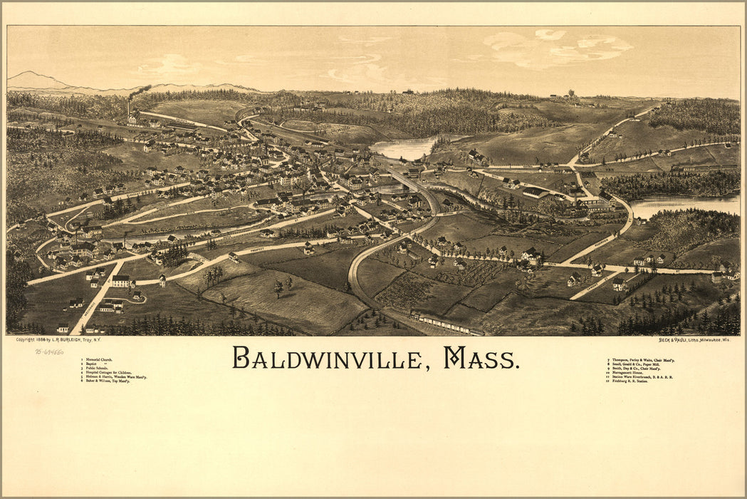 24"x36" Gallery Poster, birdseye view map of Baldwinville, Mass. 1886