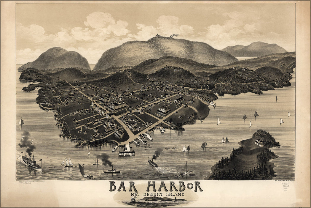 24"x36" Gallery Poster, birdseye view map of Bar Harbor, Mt. Desert Island, Maine. 1886