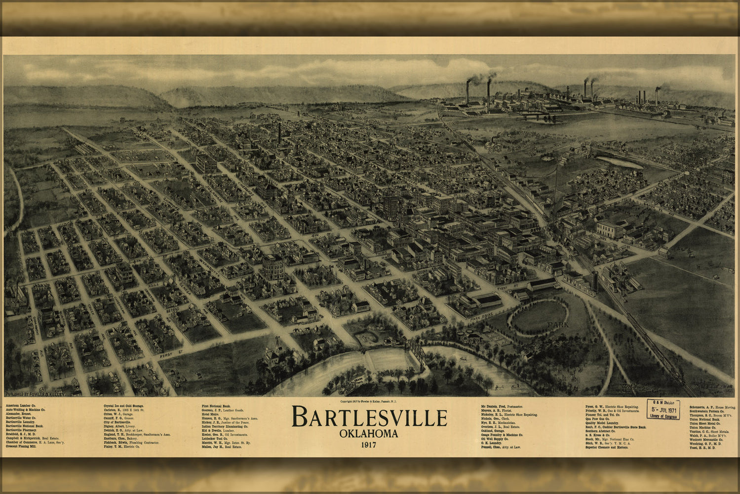24"x36" Gallery Poster, birdseye view map of Bartlesville, Oklahoma 1917