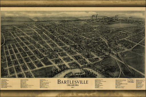24"x36" Gallery Poster, birdseye view map of Bartlesville, Oklahoma 1917