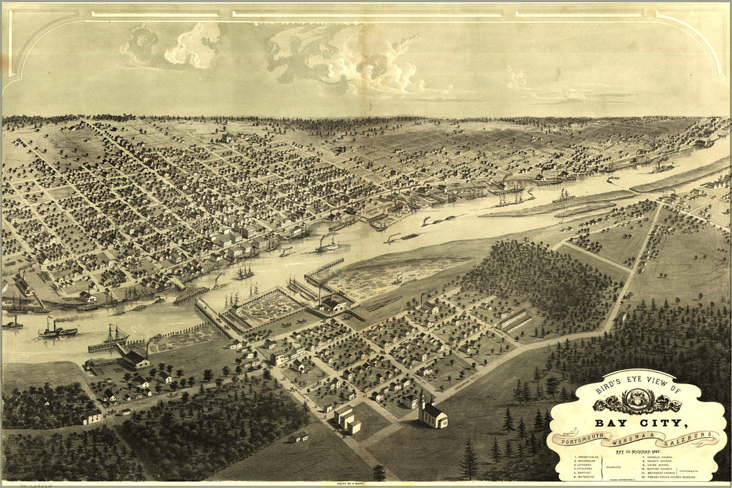 24"x36" Gallery Poster, birdseye view map of Bay City Michigan 1867