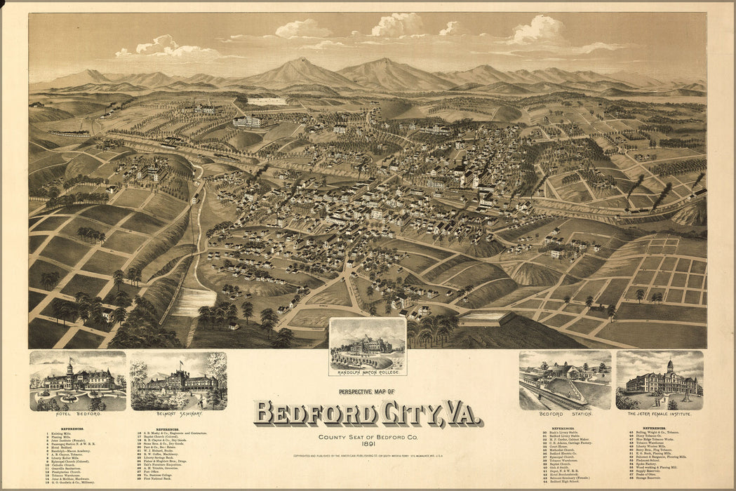 24"x36" Gallery Poster, birdseye view map of  Bedford City, Virginia 1891
