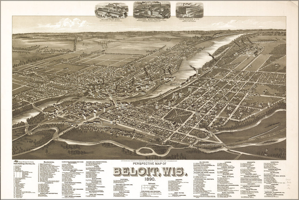 24"x36" Gallery Poster, birdseye view map of Beloit, Wisconsin 1890